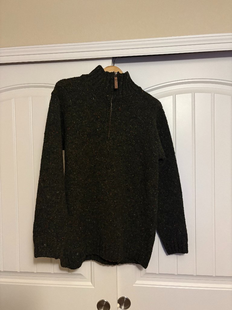 Aran Crafts Donegal Wool Half Zip Sweater Large Green 100% Wool Ireland Irish